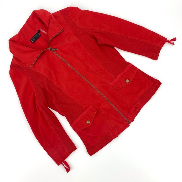 Orly Red Nylon with Ribbed Sides 3/4 Ruched Sleeves Zipper Front Jacket, 10 - Picture 1 of 16
